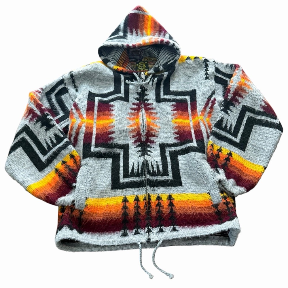 Vintage Tejidos Ruminahui Alpaca Wool Hooded Zip Up Sweater Jacket Aztec